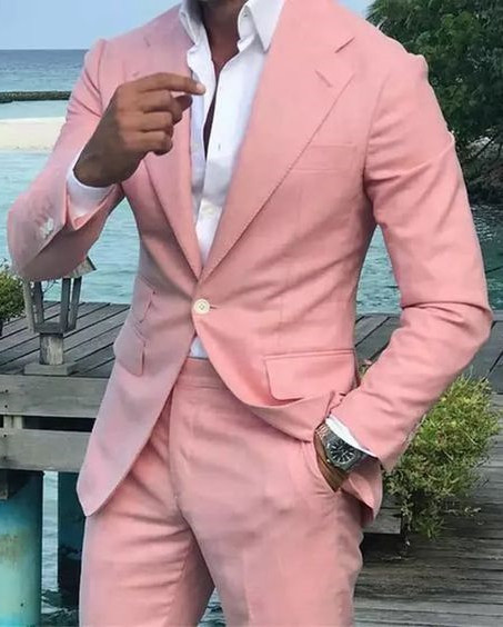 Pink Notched Lapel Linen Wedding Formal Slim Fit Prom Tuxedos for Man