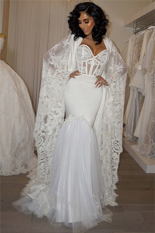 Modern Mermaid Sweetheart Wedding Dress with Lace Cape