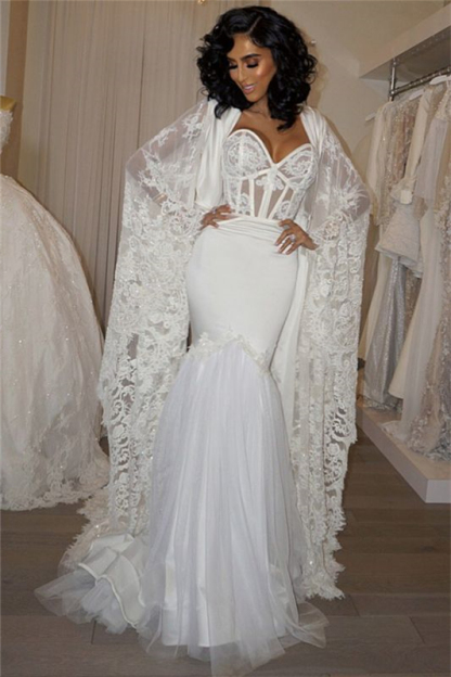 Modern Mermaid Sweetheart Wedding Dress with Lace Cape