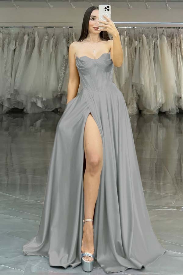 Strapless Sleeveless Long High Split Formal Dress With Pleated