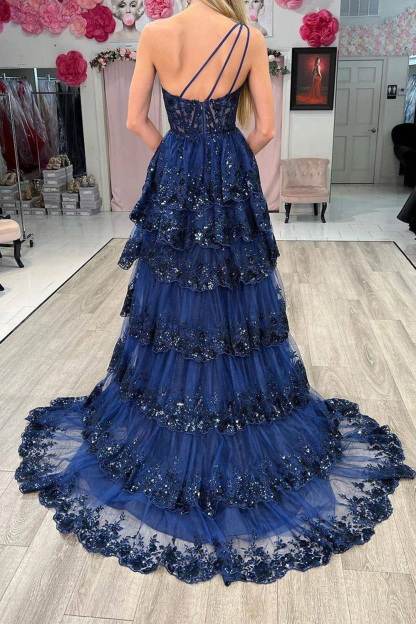 Navy Lace Corset Prom Dress with Sparkly Ruffles and One Shoulder A-Line