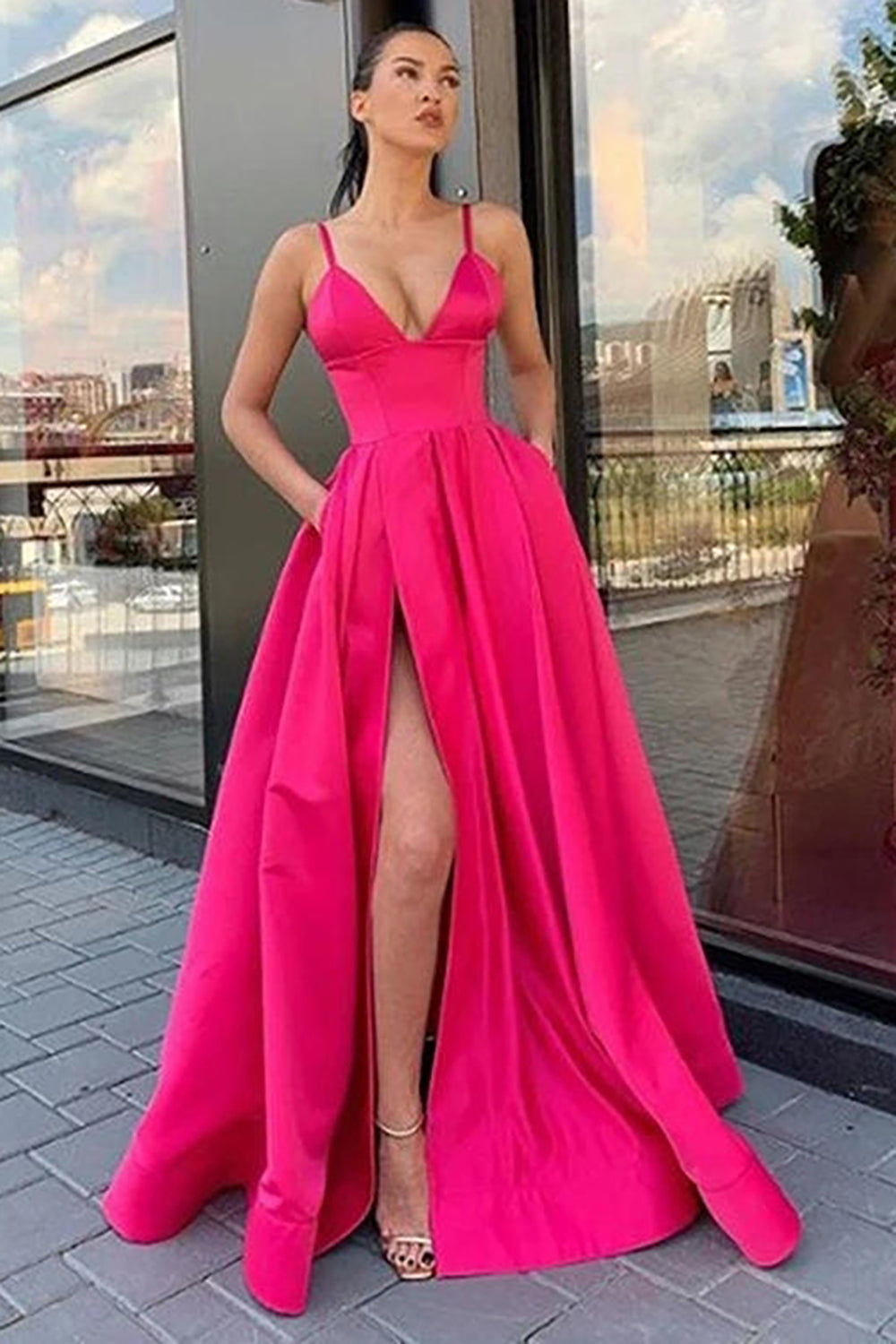 Black Long Prom Dress with Spaghetti Straps and a Slit in A-Line Style