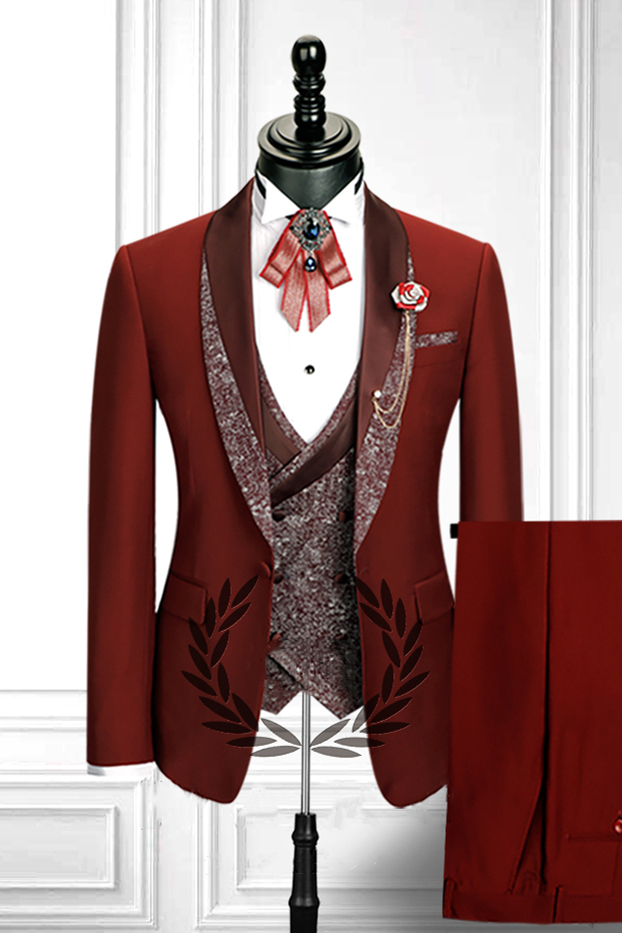 Stylish Red Stitching Lapel Double-Breasted Waistcoat Three-Piece Men's Suit