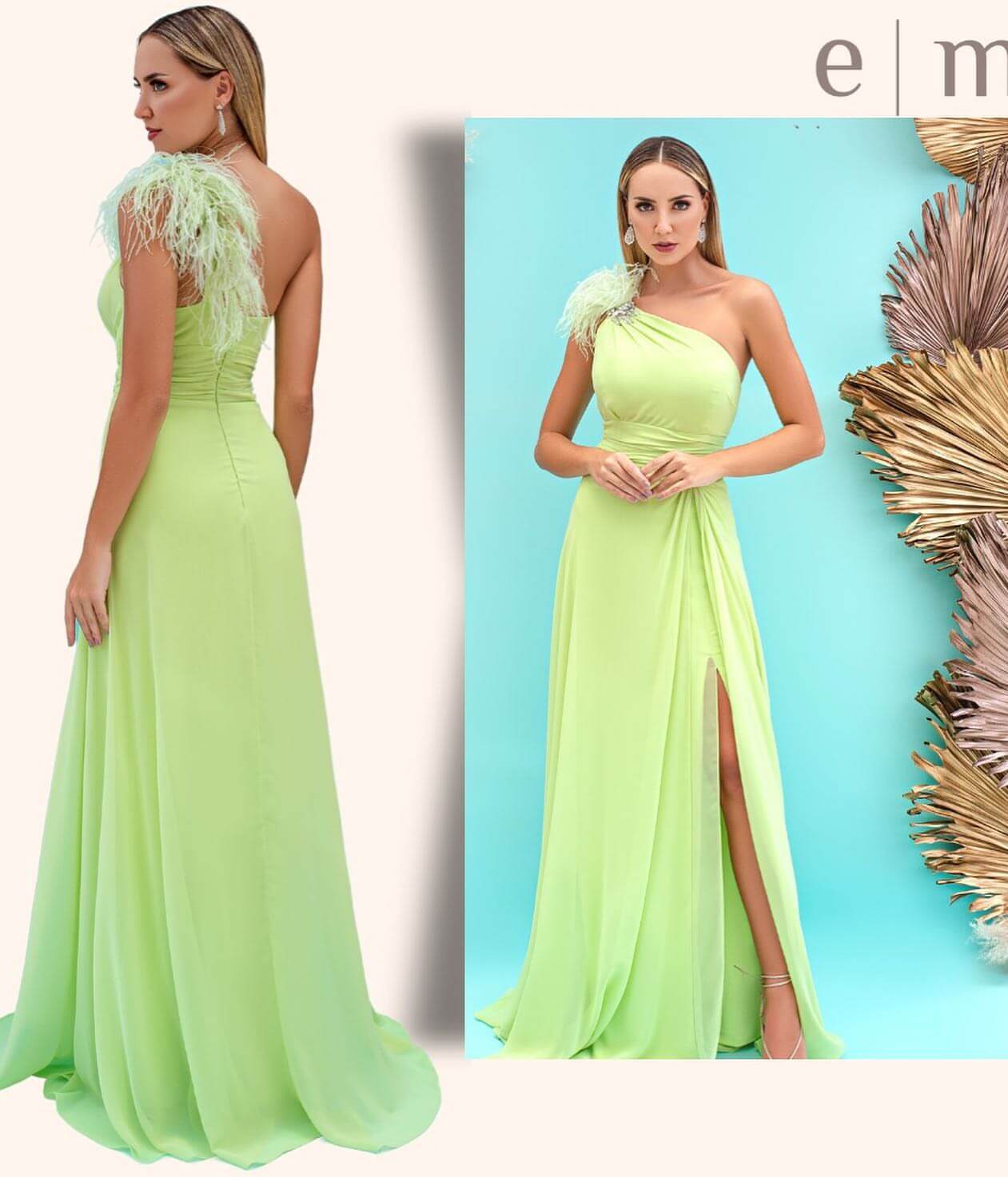 Front Split Mermaid One Shoulder Evening Dress With Feather Light Green