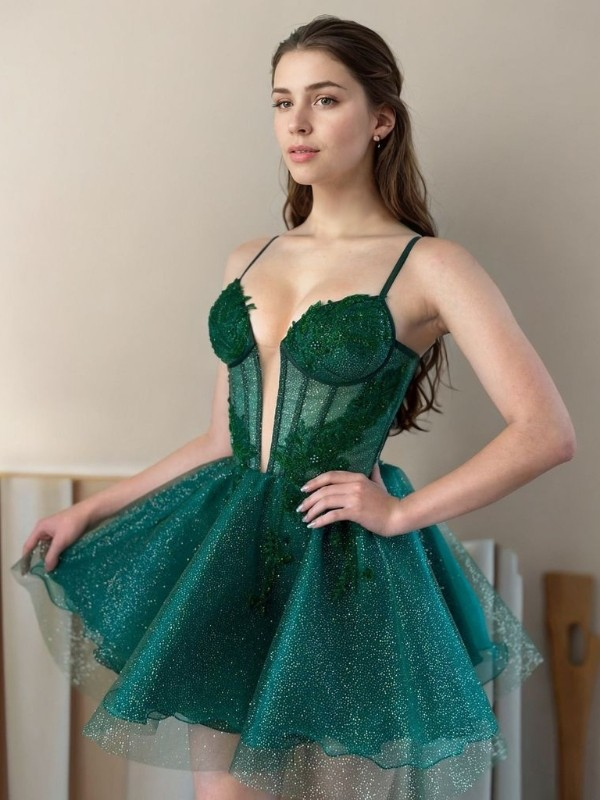Dark Emerald Spaghetti-Straps Sparkling Tulle Plunging Neckline Short Mini cocktail Dress With Appliques