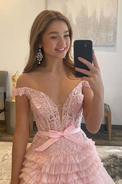 Ivory Off-the-Shoulder Princess A-Line Prom Dress with Ruffles