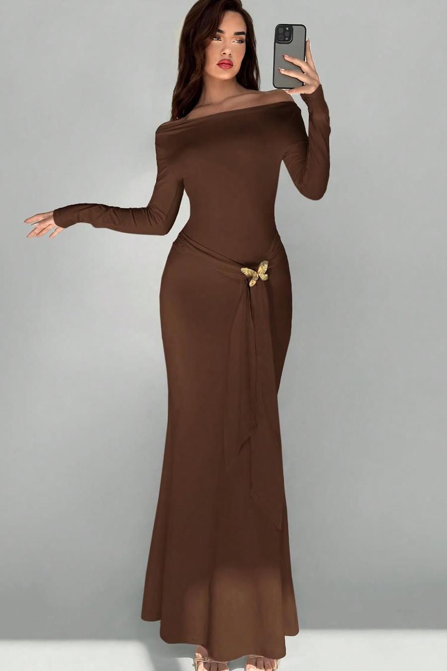 Off the Shoulder Long Sleeves Long Mermaid Formal Dress With Appliques