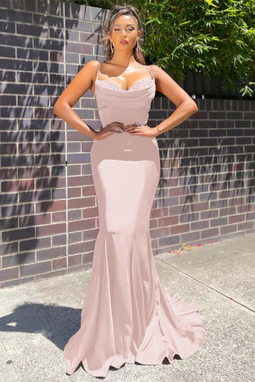 Long Spaghetti Strap Sleeveless Mermaid Ruffles Formal Dress With Beadings