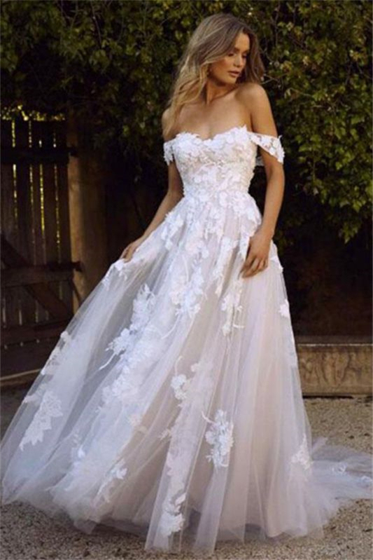 Off-the-Shoulder A-Line Tulle Wedding Dress with Lace Appliques
