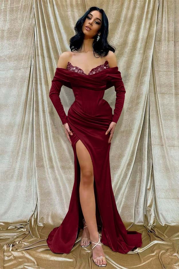 Off the Shoulder Long Sleeves Long Split Formal Dress With Beading