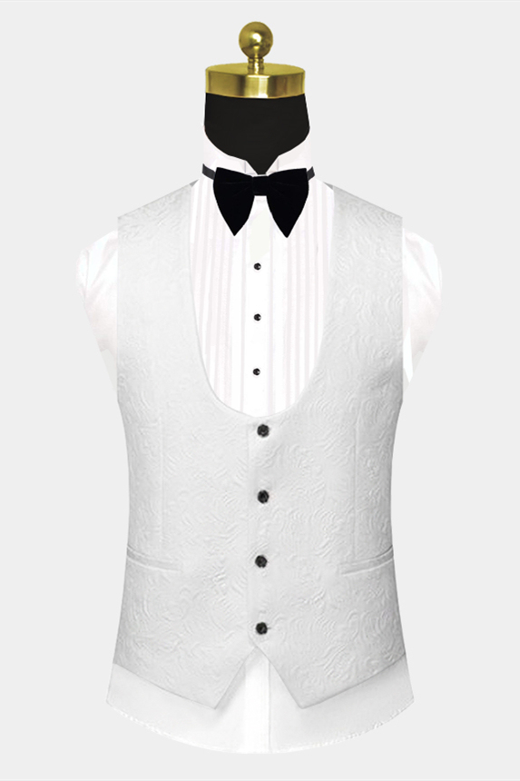 Popular Black Satin Lapel White Jacquard Wedding Suit Tuxedos