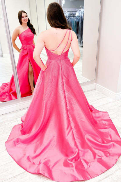 Satin A-Line Prom Dress in Pink with One Shoulder and Pockets