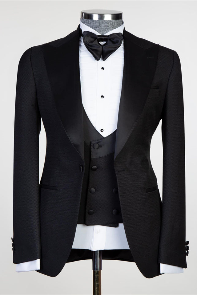 Edmund New Arrival Black Satin Peaked Lapel Men's Suits with Three-Piece