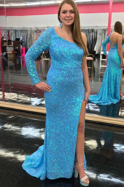 Long Sleeve One-Shoulder Sequined Mermaid Prom Dress with Slit