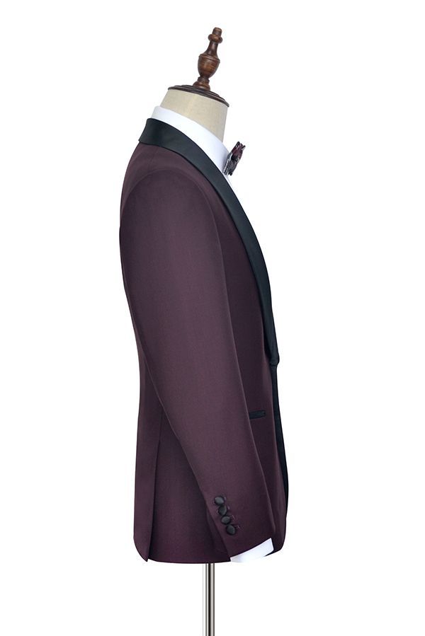 Luxury Black Shawl Collar Burgundy One-Button Wedding Suits for Men
