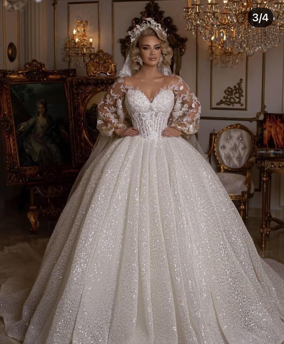 Stunning Ball Gown Puffy Sleeves Long Wedding Dress with Appliques