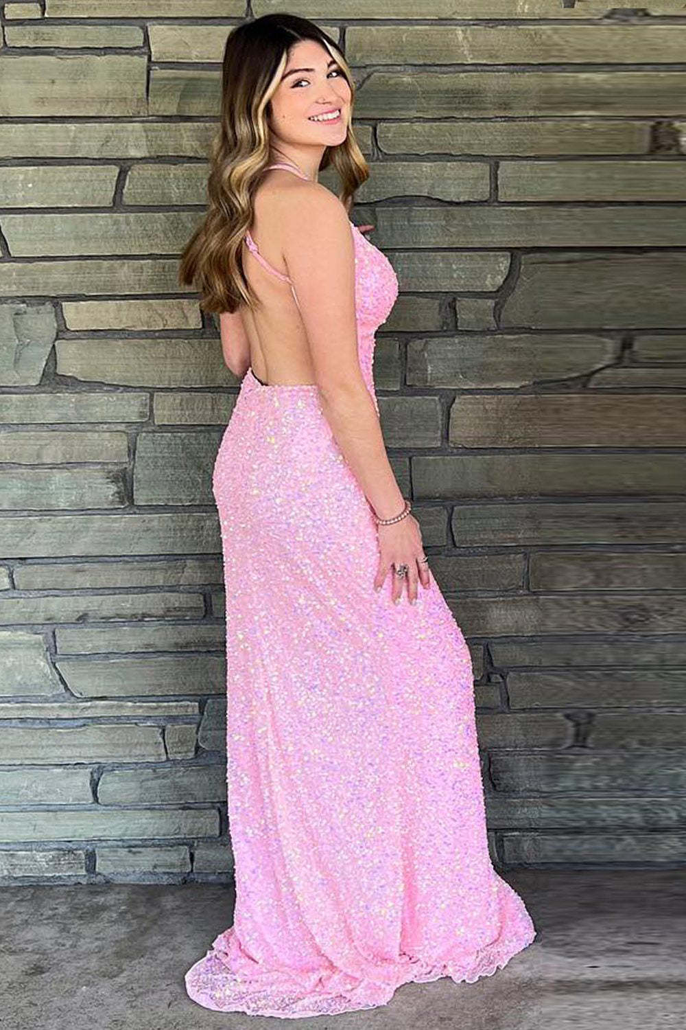 V-Neck Prom Dress in Light Pink with Sequins and Slit