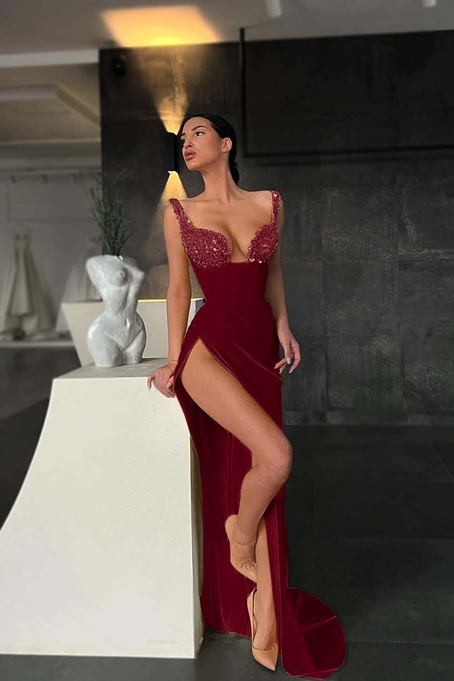 Sequined Strappy Mermaid Yellow Prom Dress Featuring a Slit