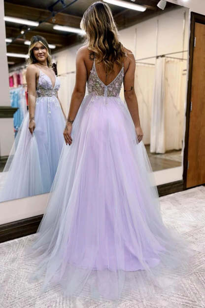 Lilac long prom dress with spaghetti straps and a front split in A-line style