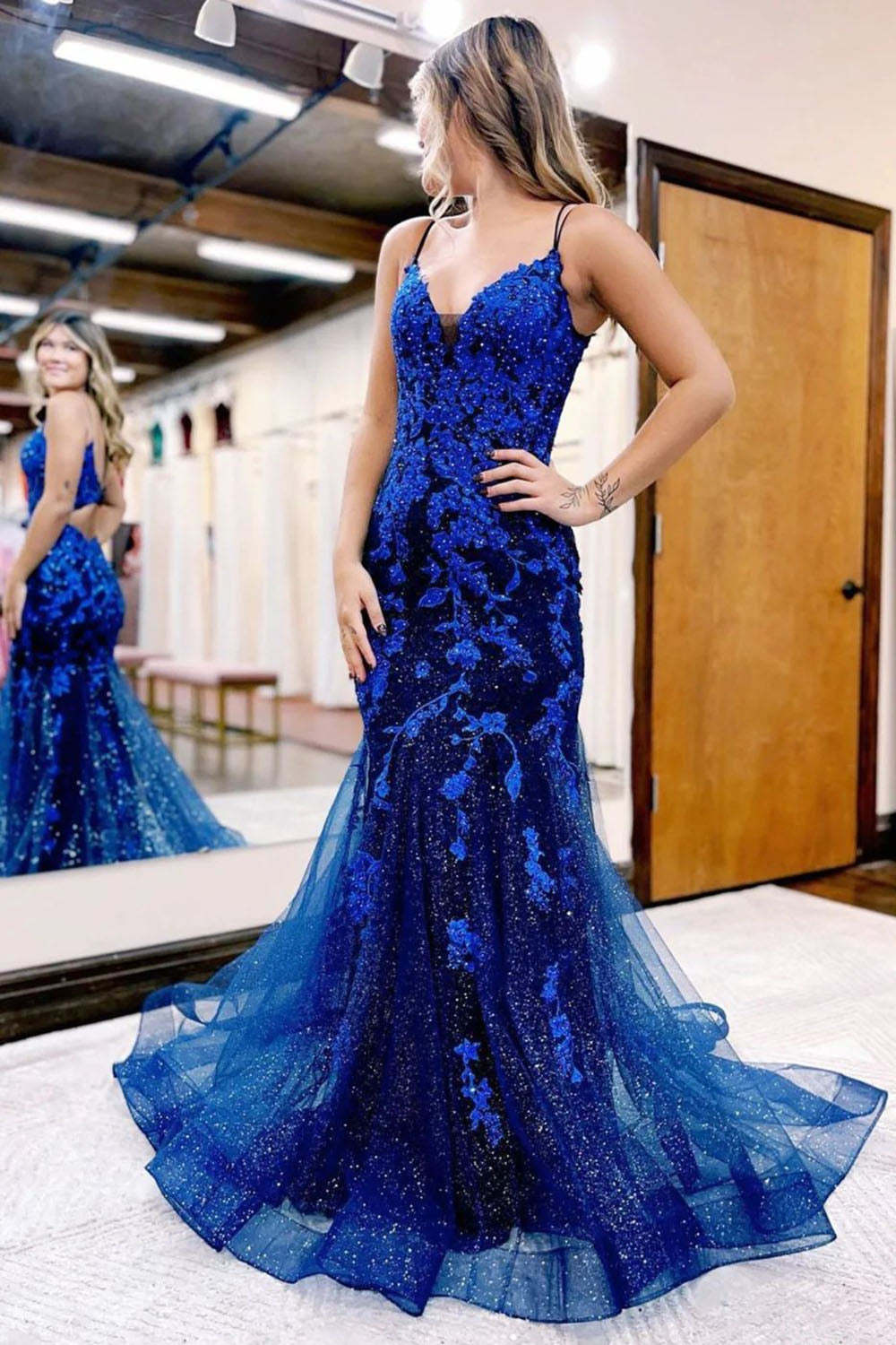 Dark Blue Long Prom Dress with Mermaid Spaghetti Straps and Appliques