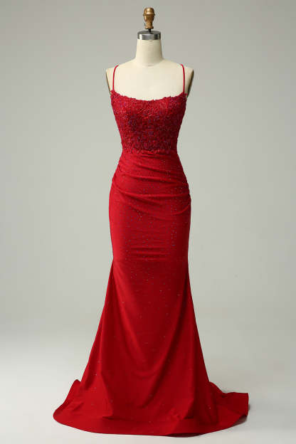 Dark Green Long Prom Dress with Mermaid Spaghetti Straps and Appliques