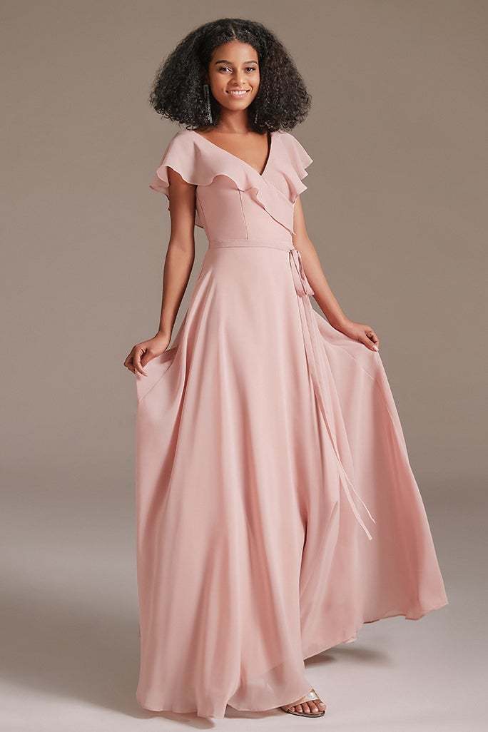 Chiffon Pink Ruffles V-Neck Bridesmaid Dress