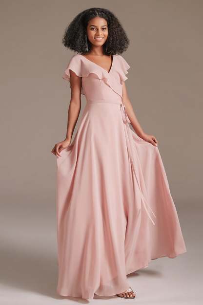 Chiffon Pink Ruffles V-Neck Bridesmaid Dress