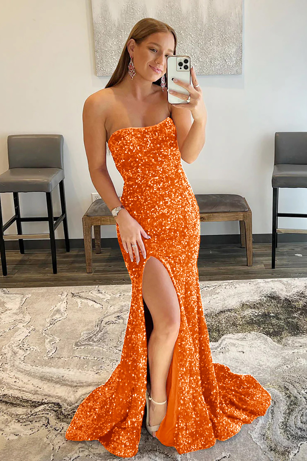 Long Red Prom Dress with Mermaid Sequins and Slit