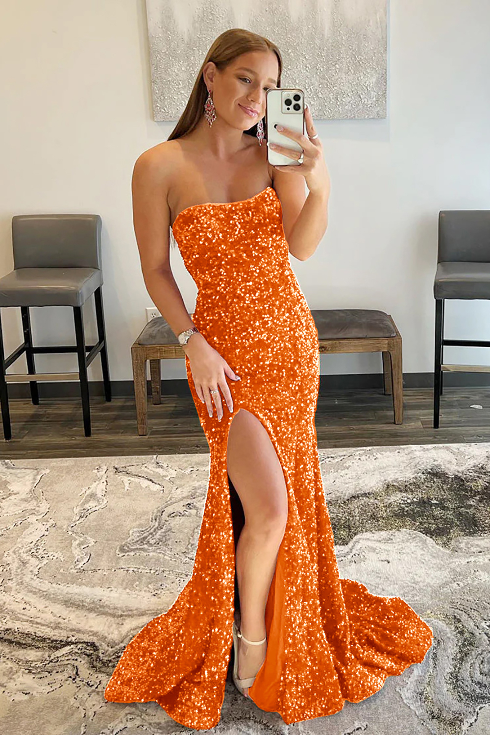 Long Red Prom Dress with Mermaid Sequins and Slit