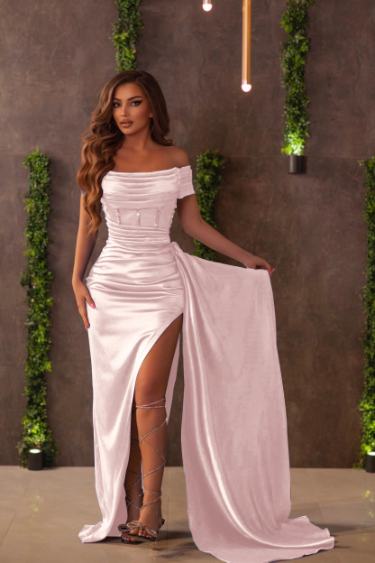 Royal Blue Off-the-Shoulder Split Evening Dress With Ruffles