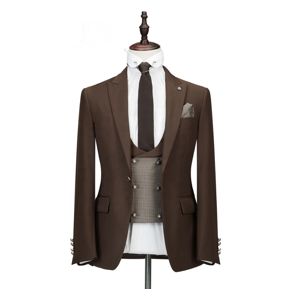 Elegant Brown Slim Fit Three-Piece Peaked Lapel Wedding Suit for Men