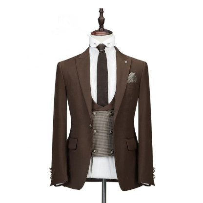 Elegant Brown Slim Fit Three-Piece Peaked Lapel Wedding Suit for Men