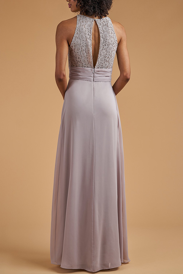 Sleeveless Halter Lace Bridesmaid Dress with Split