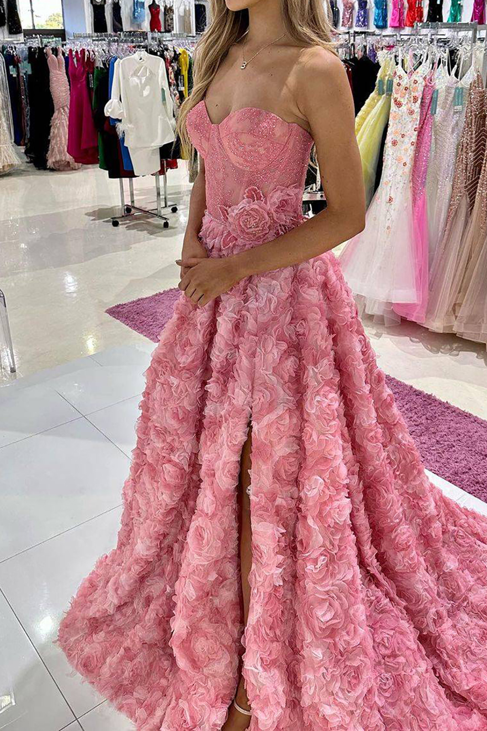 Long Blush Prom Dress with 3D Flowers in a Sweetheart A-Line Style