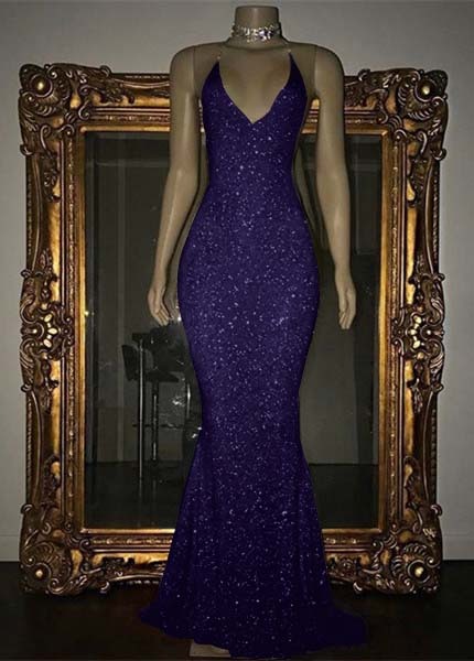 V-Neck Mermaid Elegant Halter Evening Dress With Sequins