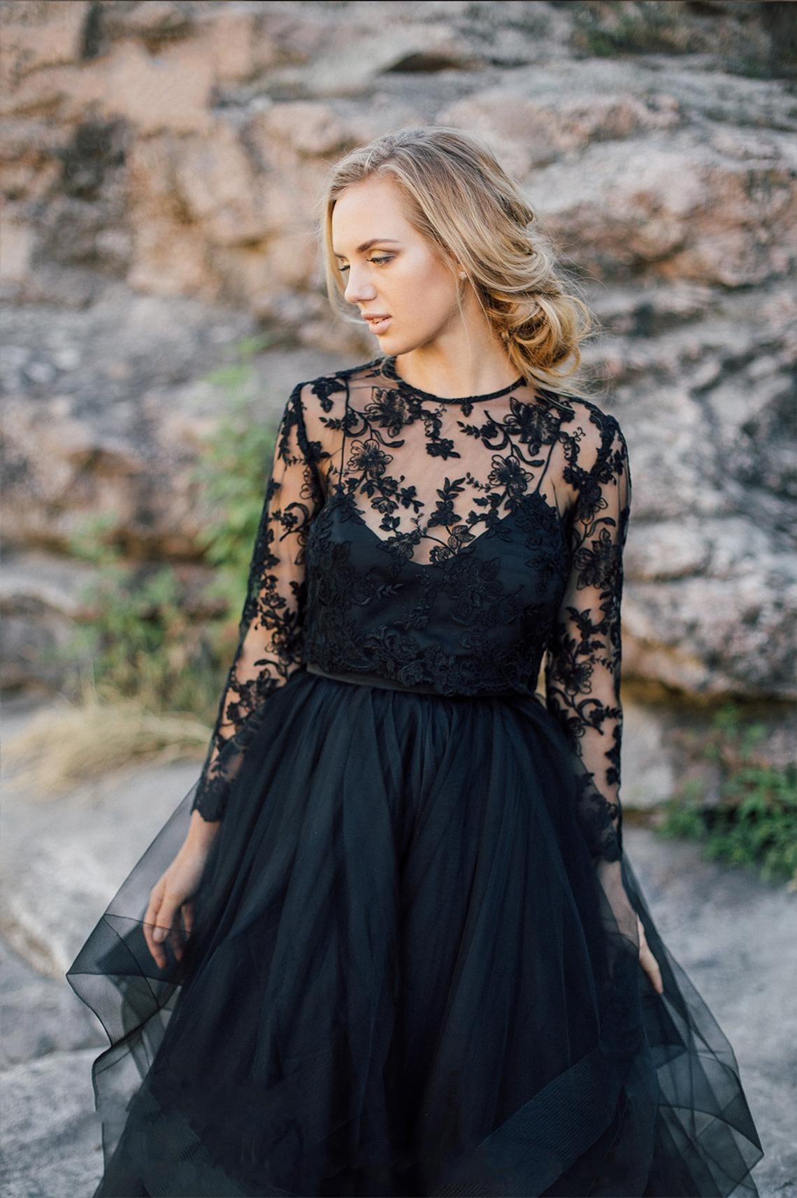 Unique Black Bateau Long Sleeves Ruffles A-Line Wedding Dress with Appliques Lace Tulle