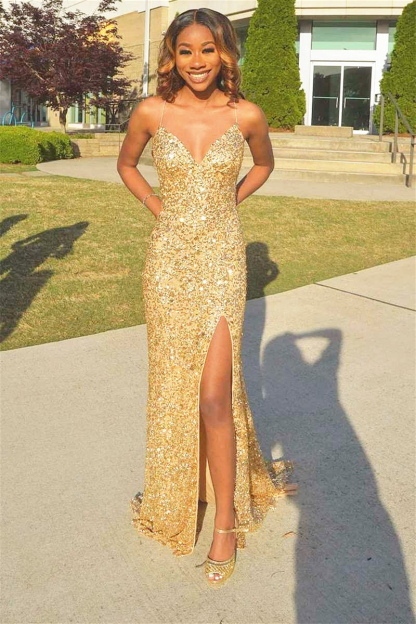 Gorgeous Gold Sweetheart Spaghetti Straps Slit Mermaid Evening Dress With Sequins