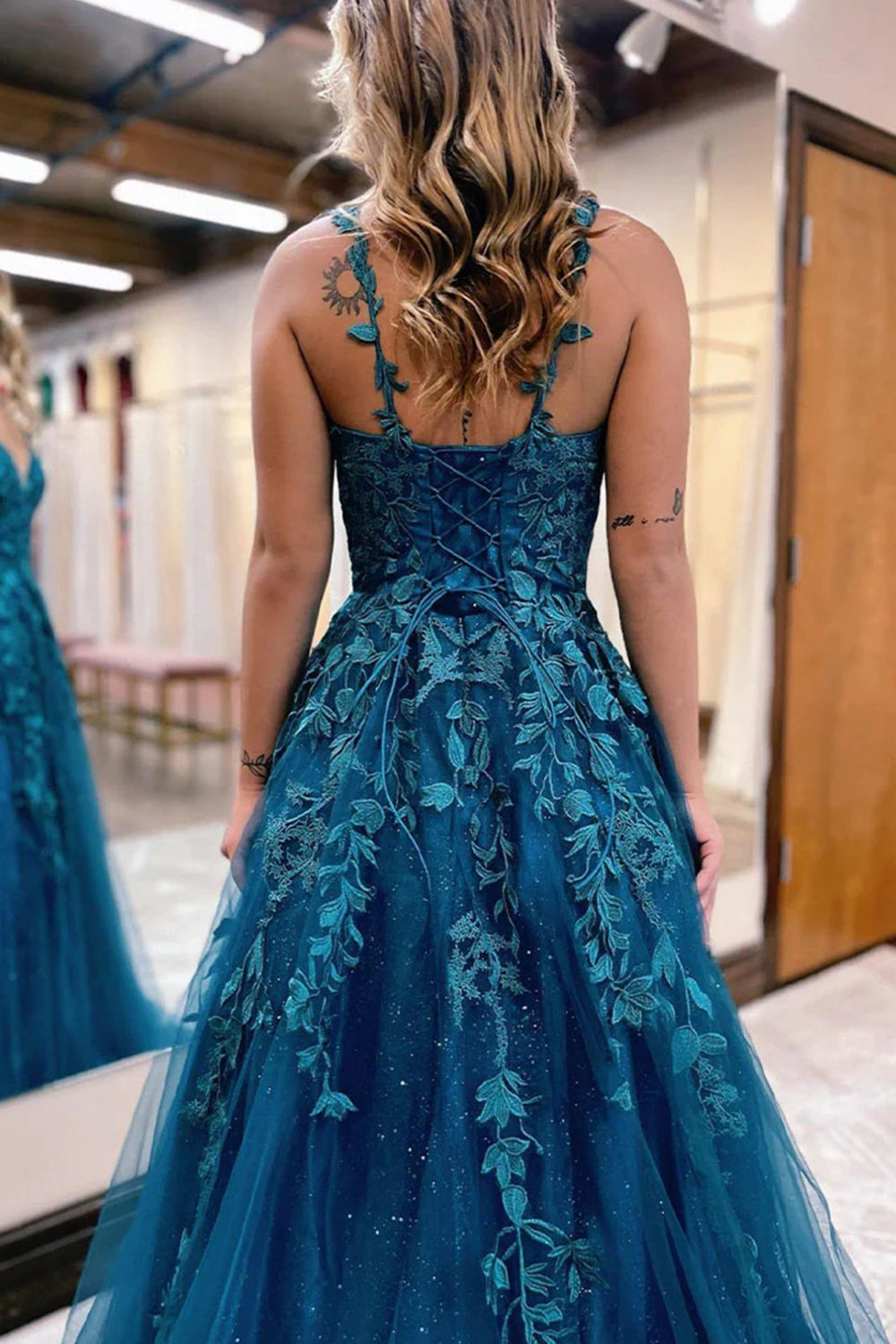 Long Blue Glitter A-Line Prom Dress with Lace
