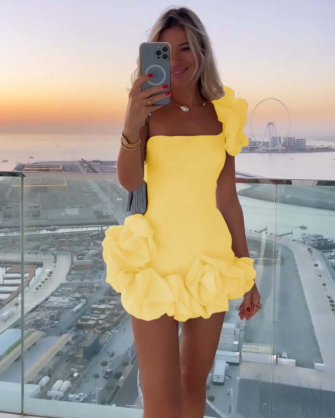 Ivory One-Shoulder Bloom Short Mini cocktail Dress