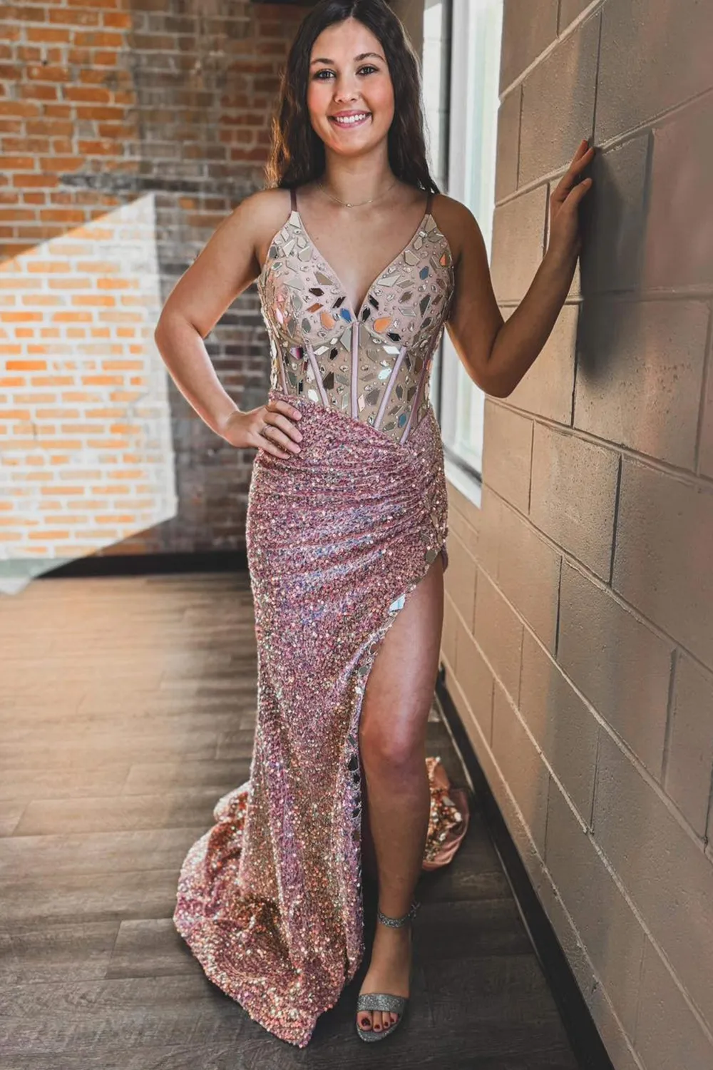 Long Corset Prom Dress in Emerald Green with Mermaid Sequins and Spaghetti Straps Featuring a Slit