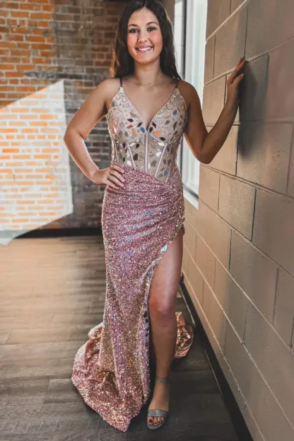 Long Corset Prom Dress in Emerald Green with Mermaid Sequins and Spaghetti Straps Featuring a Slit