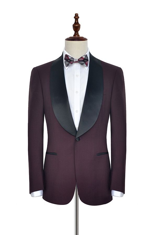 Luxury Black Shawl Collar Burgundy One-Button Wedding Suits for Men