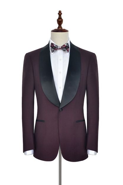 Luxury Black Shawl Collar Burgundy One-Button Wedding Suits for Men