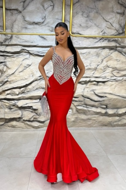 Red Gorgeous Gemstone Mermaid Evening Dress