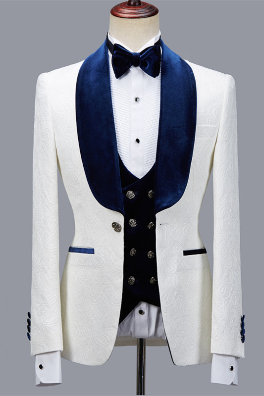 Handsome Quincy White Jacquard Shawl Lapel Men's Suit for Wedding