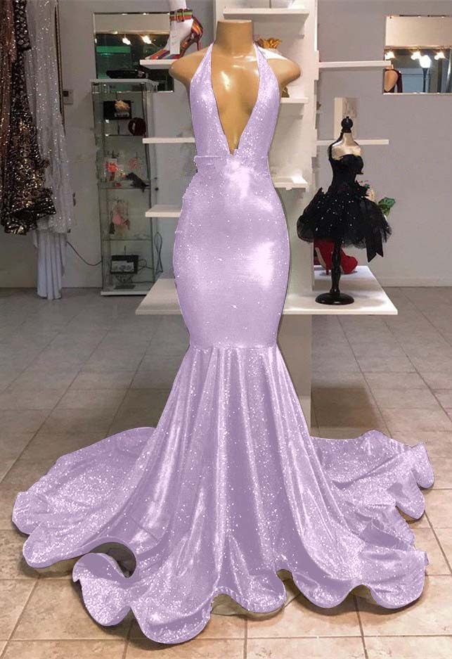 Halter V-Neck Mermaid Evening Dress With Sequins