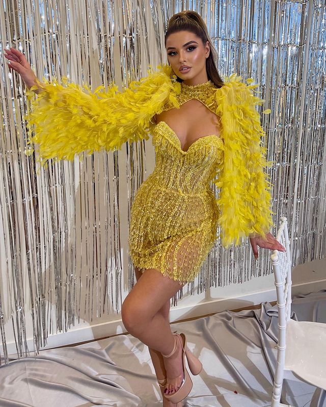 Gorgeous High Neck Yellow Sequins Long Sleeves Short Prom Dress With Feather