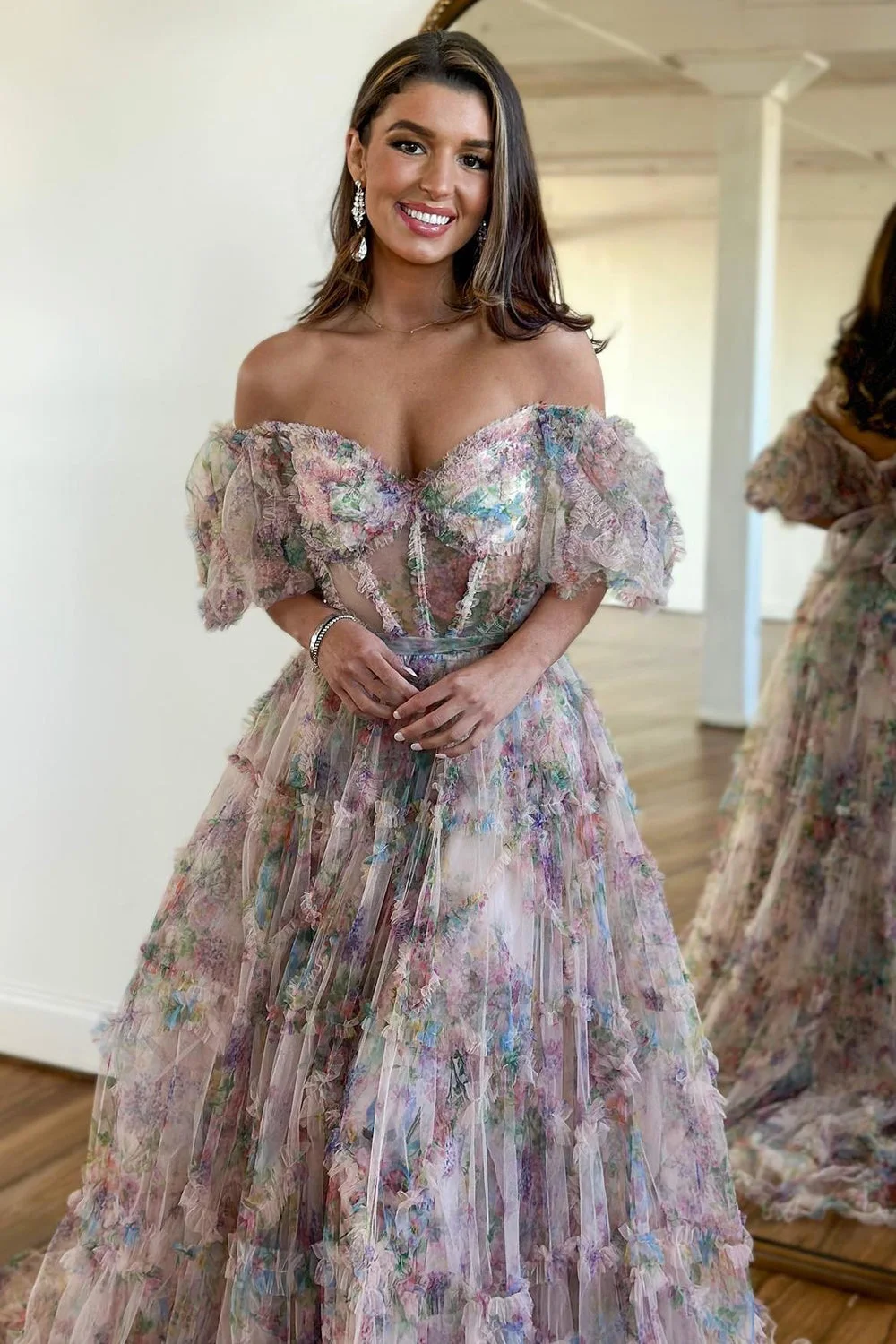 Elegant Pink Floral Printed Off-the-Shoulder Corset Prom Dress with Sweep Train