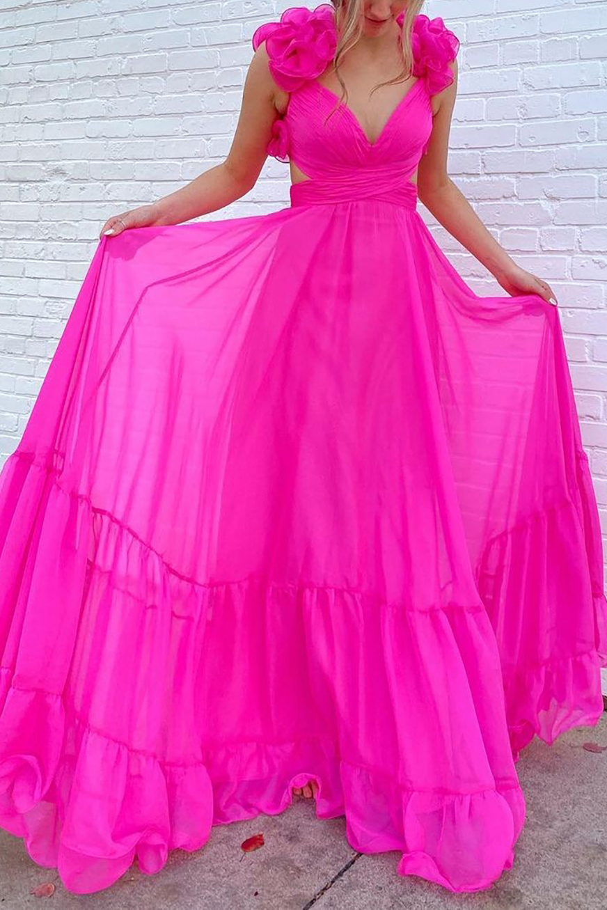 Fuchsia Long A-Line Prom Dress with 3D Flowers and V-Neck