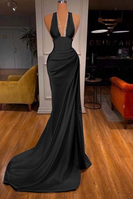 Halter Deep V Neck Sleeveless Mermaid Long Formal Dress Elegant With Ruffles